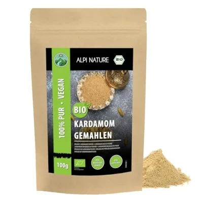 Afbeelding van Gemalen biologische kardemom (100g), biologisch geteeld kardemompoeder, glutenvrij, lactosevrij, laboratorium getest, uiteraard zonder toevoegingen, vegan kardemompoeder