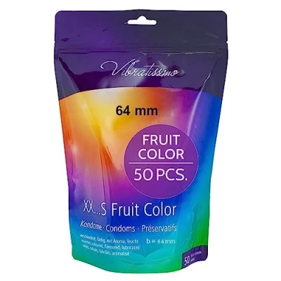 Afbeelding van VIBRATISSIMO Fruit Color condooms 50 pack I authentiek gevoel &amp; extra vochtig voor mannen Hersluitbare condoomverpakking Kleurrijke Ultradunne b=64mm