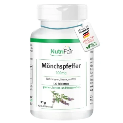 Afbeelding van Monnikspeper 100mg met 6mg zink per dagelijkse dosis 120 tabletten hoge dosering 100% veganistisch Duitse productie &amp; laboratoriumtests NutriFair Premium Fair