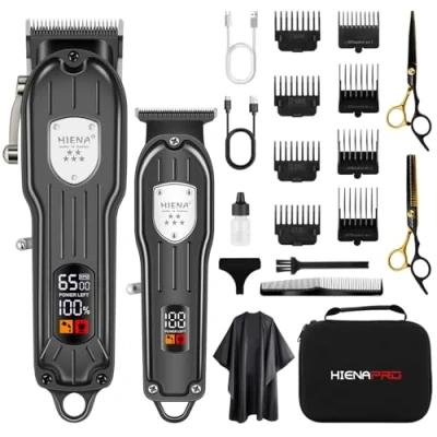 Afbeelding van HIENA PRO Professionele tondeuse set voor mannen, draadloze kappersschaar T blade trimmerset, elektrische haarsnijmachine kit, USB oplaadbare kappers met LED display (zwart)