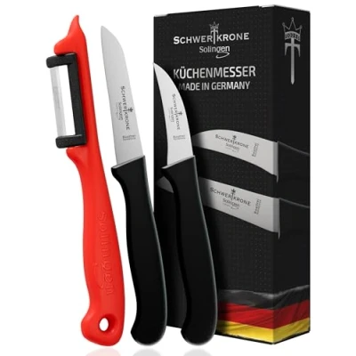 Afbeelding van Schwertkrone Keukenmessenset scherp groentemes schilmes recht/gebogen en dunschiller / aardappelschilmesje rood Made in Solingen