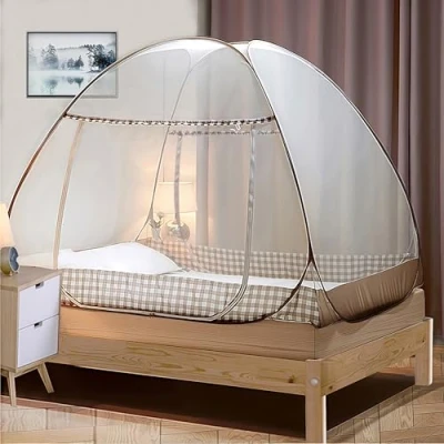 Afbeelding van Digead Opvouwbaar Klamboe, 180x200cm Draagbaar Reismuggennet, Eenvoudig te Installeren, Universele Yurt Klamboe Bruin Rand