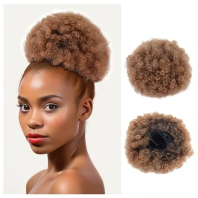 Afbeelding van Afro Puff Trekkoord Paardenstaart Haarverlenging Synthetische Krullend Bladerdeeg Faux Broodjes Korte Kinky Haar voor Zwarte Vrouwen（1B/30#）