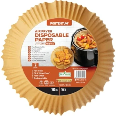 Afbeelding van PORTENTUM Air Fryer bakpapier 100 stuks Food Grade BPA gratis, 16 x 20 cm, voor olievrije friteuse 3 tot 4,5 liter ideaal gezond koken