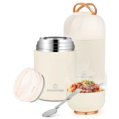 Afbeelding van Dreamhigh® Thermocontainer voor eten 850 ml, roestvrij staal warmhoudcontainer met handvat, thermoskan, lekvrij, incl. lepel, 12 uur warm, koud (wit)