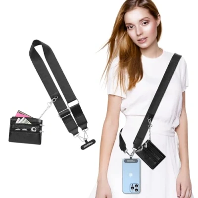 Afbeelding van MoKo Universal Phone Lanyard, Lanyard Crossbody with Detachable Pouch, Adjustable Around the Neck Patches for iPhone, Samsung, Most Smartphones, Black