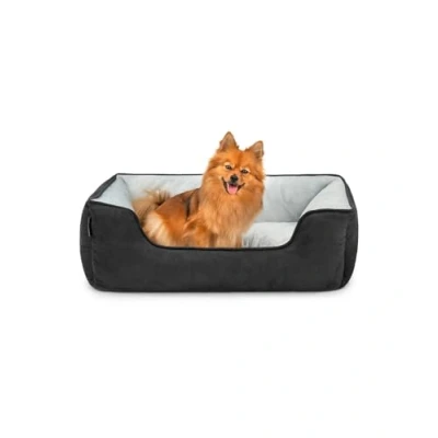 Afbeelding van lionto 2 in 1 Hondenbed met comfortabele Instap, Knus Huisdierenbed omkeerbaar voor Honden en Katten, (M) 80x60 cm, Hondenkussen Onderhoudsvriendelijke Suède Look, Zwart/Grijs