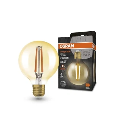 Afbeelding van OSRAM Vintage 1906® Classic GLOBE80 FIL 60 LED lamp, E27, dimbaar, bolvormig, goud, 7,2W, 806lm, 2400K, verminderd warm wit licht, laag energieverbruik, lange levensduur