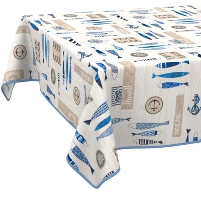 Afbeelding van ANRO Tafelkleed, tafellinnen, textiel, tafelzeil, katoen, polyester, afwasbaar, onderhoudsvriendelijk, rond, ovaal, rechthoekig, maritiem, 100 x 140 cm, met zoom (omzoomd)