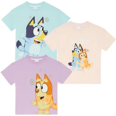 Afbeelding van Bluey Meisjes Drie Pack 100% Katoen Oversized Schouders T shirts Bingo, 3 stuks., 4 jaar
