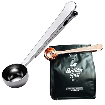 Afbeelding van MINGZE Roestvrij Staal Koffie Schepje Met Klem, Havermout Maatschepje Kitchen Accessoires Koffieschepje Lucht Dicht Afsluiten Schep Sluit Scheppen Afsluiter Melkpoeder Maatschep Thee Maatlepel (Zilver)