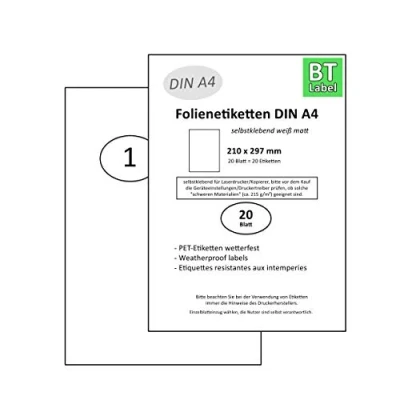 Afbeelding van BT Label 20 folie etiketten stickers op DIN A4 vellen zelfklevende weerbestendig 210 x 297 mm wit zelfklevend bedrukbaar met laserprinter om te beschrijven