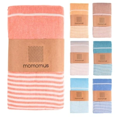 Afbeelding van MOMOMUS Fouta strandhanddoek, XXL, met franjes en 100% katoen, ideaal als grote zandvrij, picknickdeken of zwembadtapijt, zalm, 205 x 240 cm