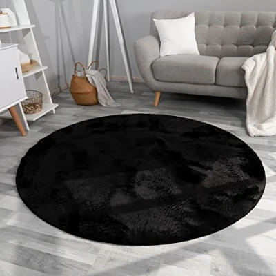 Afbeelding van Hoogpolig Tapjit Shaggy Woonkamer Modern Effen Kleur Fluffy, Kleur: Zwart, Maat:160 cm rond