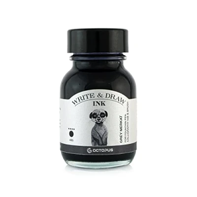 Afbeelding van Octopus Fluids Write and Draw Ink 465 Grey Merkat waterdichte inkt om te schrijven en tekenen kalligrafische lichtechte tekeninkt voor vulpen grijs 50 ml