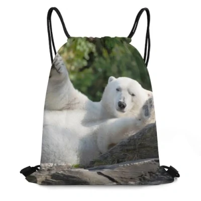 Afbeelding van Zhimahou Gymtas met trekkoord, grappige witte ijsbeer, zittend pose, sportrugzak, string, zwemtassen trekkoord voor dames en heren, waterdichte reizen strand schooltas, Rugzak