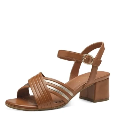 Afbeelding van Jana Softline 8 28366 42 391 Tan/Gold Haksandalen voor dames, comfortabele extra brede alledaagse schoen, feestelijk, elegant met hak, Tan Gold, 38 EU Breed