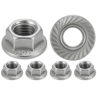 Afbeelding van roestvrij stalen moer met gekartelde basis M8 flensringmoeren voor schroeven Ø 8 mm zelfborgend zeskant DIN 6923 / ISO 4161 staal A2 (V2A 304) veiligheidsmoer: set van 5 stuks