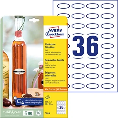 Afbeelding van AVERY Zweckform 360 flessenetiketten zelfklevend (40 x 20 mm, ovaal, stickers, ideaal voor inmaakpotten, kruidenpotjes, likeurflessen, zelfgemaakte keuken, art. 5086) 10 vellen wit