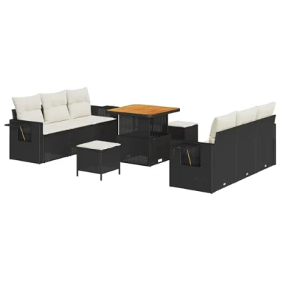 Afbeelding van vidaXL 9 delige tuinsofa set met kussens zwart poly rattan acacia, 3 tuin eetset acacia