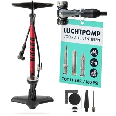 Afbeelding van Een fietspomp voor alle kleppen met manometer, vloerpomp racefiets, e bike, mountainbike, luchtpomp Franse klep, autoklep, fietsklep en adapter