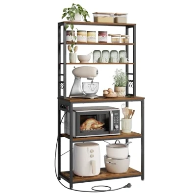 Afbeelding van VASAGLE Keukenplank met stopcontacten, staande plank voor keuken, magnetronplank, staand, 6 planken en haken, magnetron, stalen frame, 40 x 80 167 cm, vintage bruin inktzwart KKS119K06
