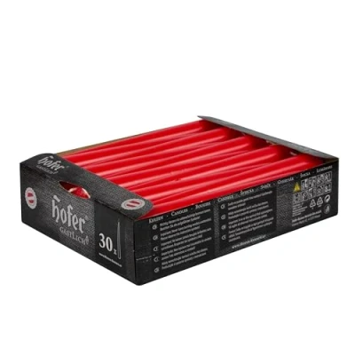 Afbeelding van Hofer Kaarsen voor kandelaar, 23 x 250 mm, kleur rood, set met 30 lange conische kaarsen, brandduur van 7 uur, ongeparfumeerd, RAL kwaliteit