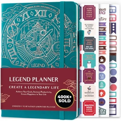 Afbeelding van Legend Planner Deluxe week &amp; maand lifeplanner om uw doelen te bereiken en gelukkiger leven. Organisator Notebook Productiviteitsdagboek. A5 Hardcover, niet gedateerd Starten op elk moment + Stickers (Viridiaan Goud)