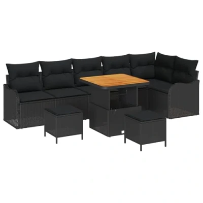 Afbeelding van vidaXL 9 delig Tuin Sofa Set met Kussens Zwart Poly Rattan Acacia