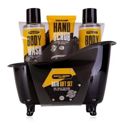 Afbeelding van Accentra Cadeauset Bath &amp; Body TOOLKIT voor mannen in decoratieve badkuip, 2 x 100 ml douchegel, 50 handpeeling en netspons, 4 delige verzorgingsset heren, Vaderdag of verjaardag