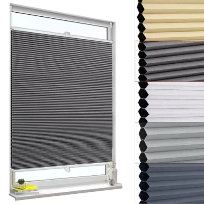 Afbeelding van WOLTU Plissé rolgordijn met honingraatpatroon, 100% verduistering, voor zonwering en privacy van deuren ramen, zonder boren, donkergrijs wit, 90 x 130 cm
