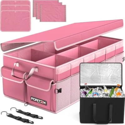 Afbeelding van FORTEM Auto Organizer, Kofferbak Organizer met Koeler, Opvouwbare Compartimenten, Antislip Bodem, Verstelbare Bevestigingsriempjes, Zacht Deksel (Roze, X Large)