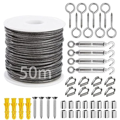 Afbeelding van draadkabel, 2 mm, 50 m staalkabel, 304 roestvrij stalen staalkabel met pvc coating, klimhulp kit M5 spanslot, kabelspanner, oogschroef, kabelkousen, 45 stuks