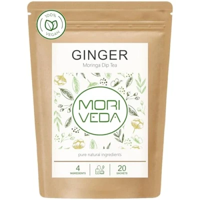 Afbeelding van MoriVeda® 100% natuurlijke en veganistische Moringa thee (kies uit een mix van bladeren, appel kaneel, granaatappel, gember munt). Kwaliteitsproduct (20 zakjes gember).
