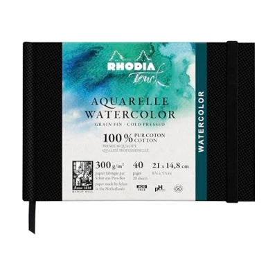 Afbeelding van RHODIA TOUCH 116137C aquarelnotitieboek, 100% katoen, fijne korrel, 300 g/m², A5, liggend formaat, 40 pagina&#039;s niet microgeperforeerd, hardcover Watercolor Book