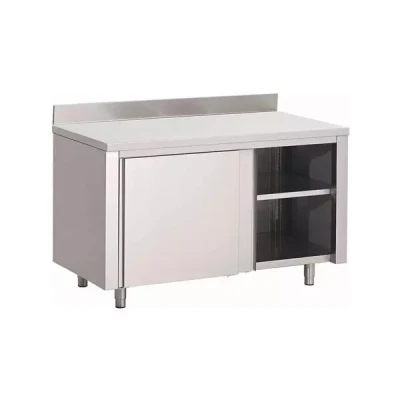 Afbeelding van Gastro M RVS werktafel met schuifdeuren en achteropstand 88x140x70cm