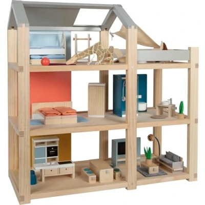 Afbeelding van small foot poppenhuis natuur met houten meubilair, 3 verdiepingen en dakterras, voor kinderen vanaf jaar, 12541