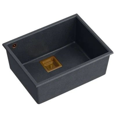 Afbeelding van Quadron wastafel granieten spoelbak keuken afmetingen 55 x 42 22,5 cm Kleur: zwart &amp; koper DAVID 50 enkele keukenspoelbak met handmatige sifon