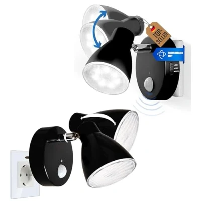 Afbeelding van TRANGO Set van 2 LED sensor nachtlampje 2635 025 *MILO* veiligheidslicht 230V met bewegingssensor &amp; automatische functie in zwart, sokkellamp, wandlamp, oriëntatielicht, nachtlamp, sokkellicht