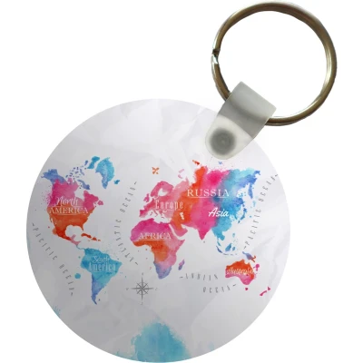 Afbeelding van Sleutelhanger Wereldkaart Kleuren Waterverf Plastic Rond Uitdeelcadeautjes
