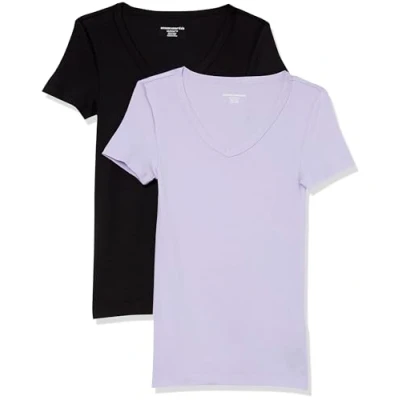 Afbeelding van Amazon Essentials Women&#039;s T shirt met korte mouwen en V hals in slanke pasvorm, Pack of 2, Zwart/Lavendel, XXL
