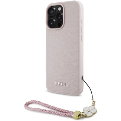 Afbeelding van Guess Hoesje Geschikt voor iPhone 16 Pro Met Koord Backcover MagSafe Grained Flower Charm Strap Roze