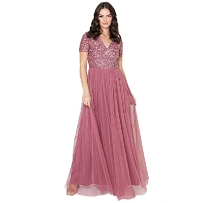 Afbeelding van Maya Deluxe Vrouwen V hals verfraaid Maxi Jurk Korte Mouw Empire Taille Prom Graduation Bruidsmeisje Bruiloft Gast, Desert Rose, 20