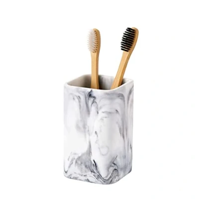 Afbeelding van Tandenborstelhouder, marmerlook hars tandpasta make up borstels scheermesjeshouder ijdelheid badkamer aanrecht organizer accessoires tuimelaarstandaard, tandenborstel beker klein, wit