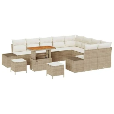 Afbeelding van vidaXL 12 delige Tuinbank Set met Kussens Beige Poly Rattan Acacia, 3 Tuin Eet Acacia