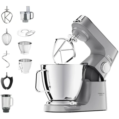 Afbeelding van Kenwood Titanium Chef Baker XL KVL85.424SI, Planetarische Mixer met Geïntegreerde Weegschaal, 3 Menggereedschappen, Dubbele Kom (5/7 L), 1,2 L Voedselverwerker en 1,6 Glazen Blender