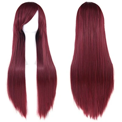 Afbeelding van Lange, gladde pruik van kunsthaar, 81,28 cm, schuine clips, voor Halloween, cosplay, meisjesfeest. Met haarnetje.