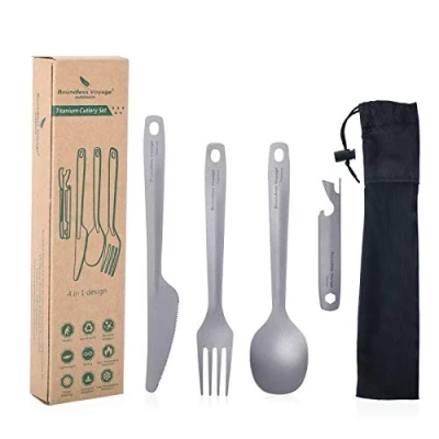 Afbeelding van iBasingo Tianium Mes Vork Lepel Flesopener Set Lichtgewicht Outdoor Indoor Servies Camping Herbruikbare Bestek Draagbare Reizen Flatware Ti1066T