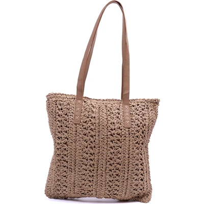 Afbeelding van Monnq strandtas met rits rieten tas riet Nalanda Wheat