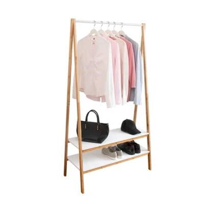Afbeelding van WENKO Staande garderobe Finja, decoratief kledingrek van bamboe gecombineerd met 2 legplanken MDF en kledingstang metaal in minimalistisch Scandi design, 95 x 172 42 cm, bruin/wit